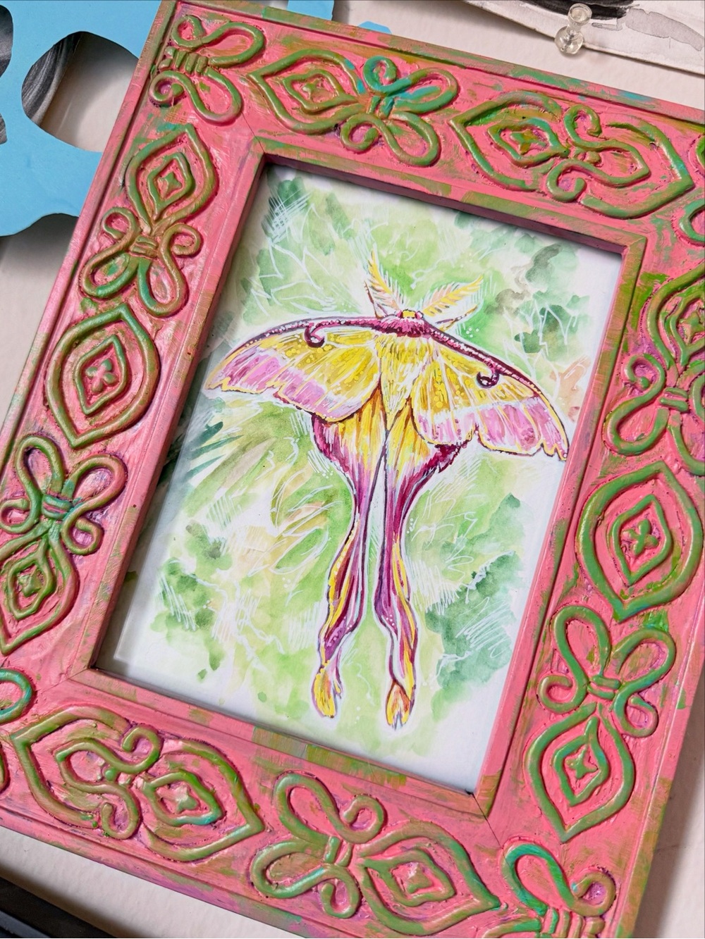 Chinese Moon Moth original watercolor painting with hand painted frame